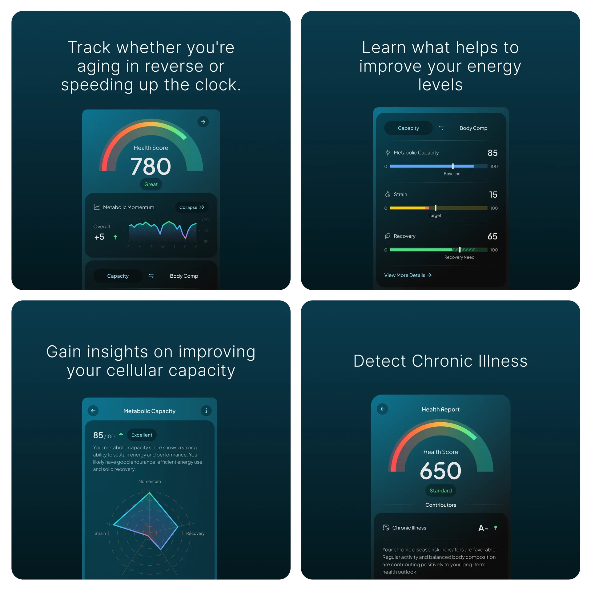 Grid of Hume app screens showing health scores, trends and coaching cards