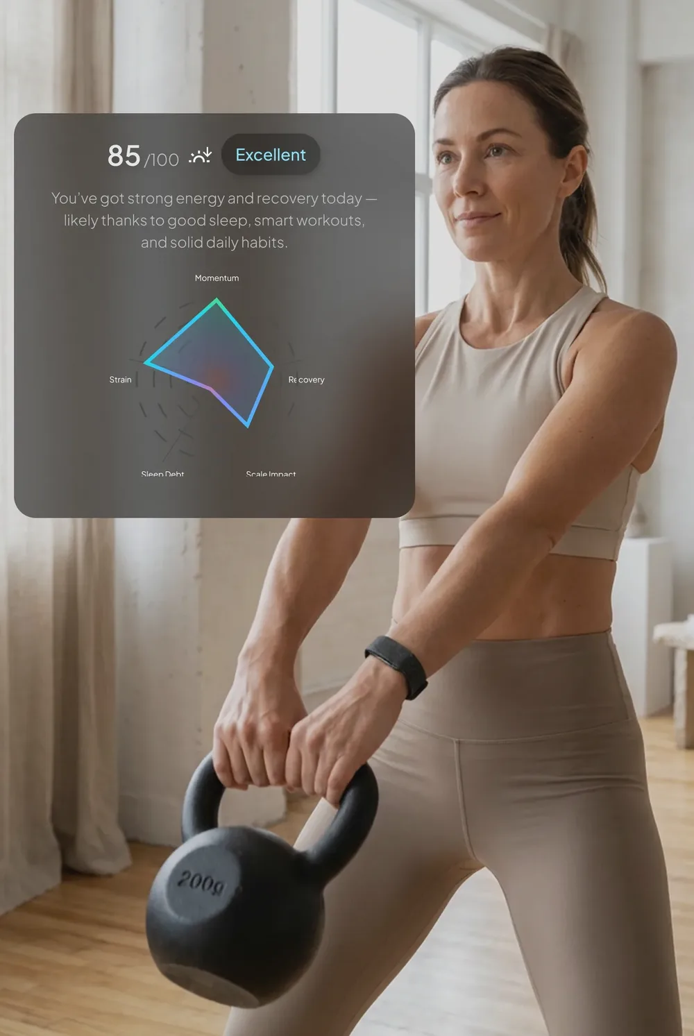Woman training with a kettlebell while wearing a wellness band, with a strain and recovery chart overlay